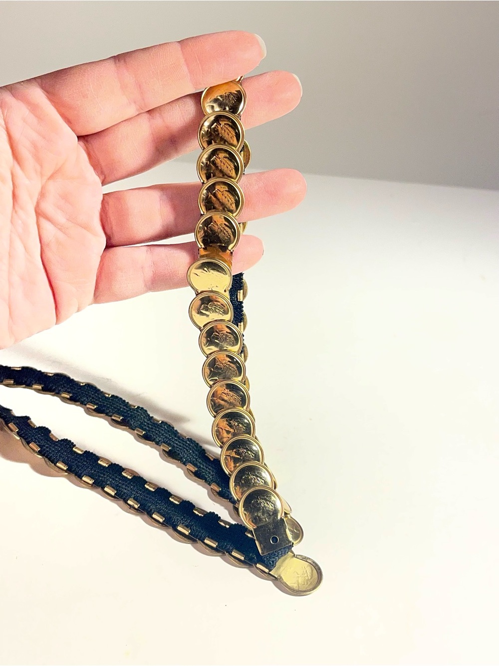 Vintage 80s Gold Coin Medallion Black Stretch Belt